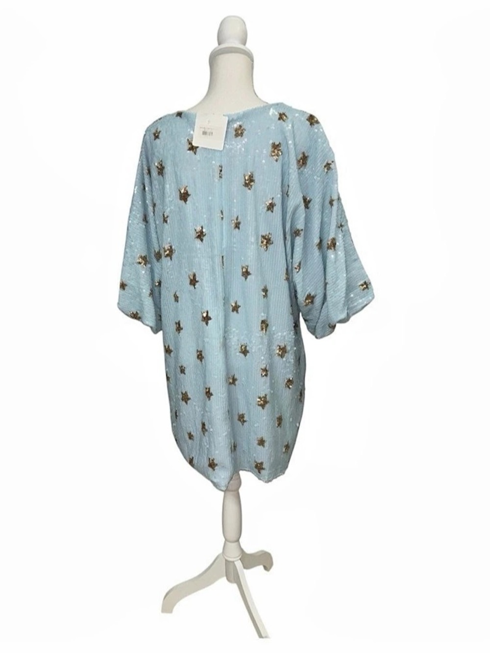 Mable Light Blue Sequin Star Mini Dress Small S Shift Tunic Balloon Sleeve $68 - Picture 3 of 6